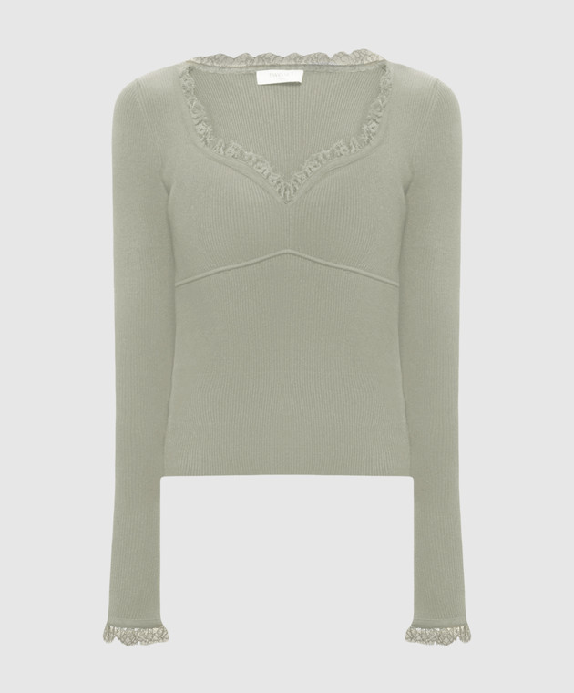 Twinset Зеленый джемпер в рубчике с кружевом 262TP3390