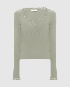 Twinset Зеленый джемпер в рубчике с кружевом 262TP3390