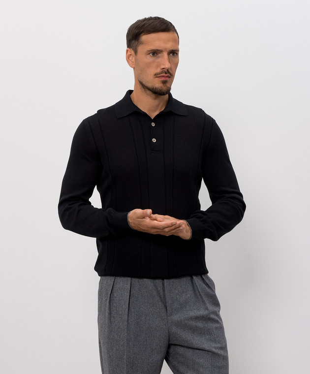 Brunello Cucinelli Чорне поло з бавовни в тканий візерунок M29202425 зображення 3
