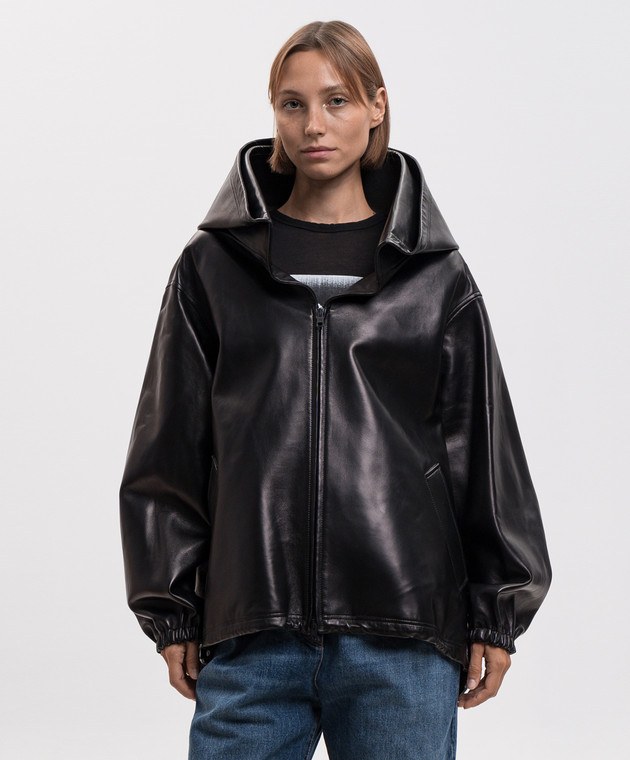 Balenciaga Черная кожаная куртка с капюшоном A002FSTUS11 изображение 3