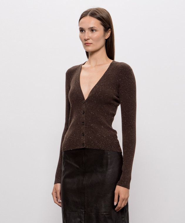 Brunello Cucinelli Коричневий кардиган з кашеміром в рубчик M9A822206 зображення 3