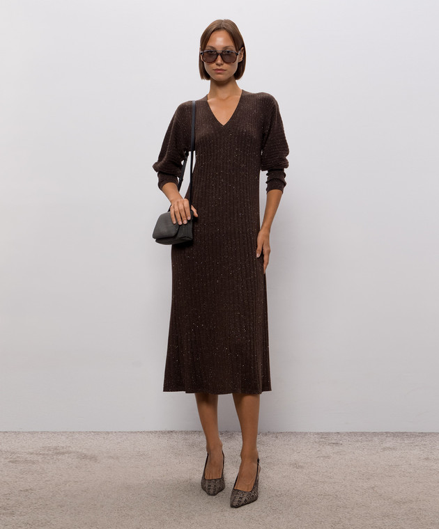 Brunello Cucinelli Коричнева сукня з кашеміром в рубчик M9A895A92 зображення 2