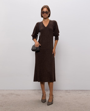 Brunello Cucinelli Коричневое платье с кашемиром в рубчик M9A895A92