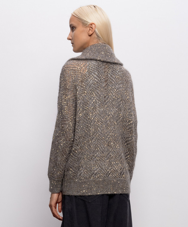 Brunello Cucinelli Серый ажурный кардиган с шерстью в пайетке MRG562516 изображение 4
