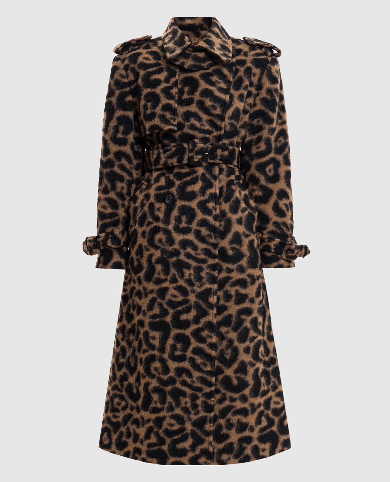 

Двухбортное пальто с шерстью в анималистический принт, Коричневый, Пальто