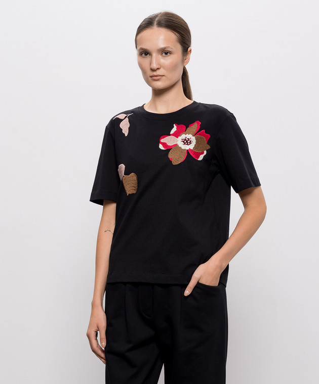 Twinset Черная футболка с цветочной вышивкой 262AT2221 изображение 3