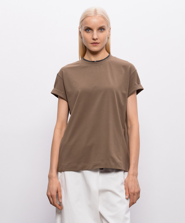 Brunello Cucinelli Коричнева футболка з ефектом накладання шарів MPT18BD200 зображення 3