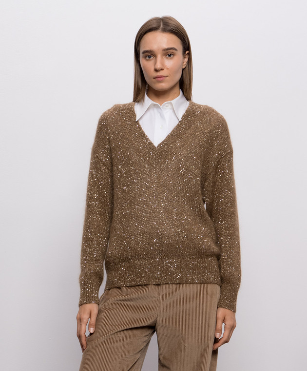 Brunello Cucinelli Коричневий пуловер в паєтки MMS579702P зображення 3