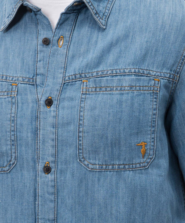 Trussardi Синяя рубашка с леном с вышивкой 54028100025NMS116D96 изображение 5