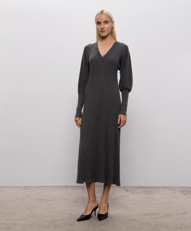 Brunello Cucinelli Серое платье с кашемиром в рубчик M9A895A92 изображение 3