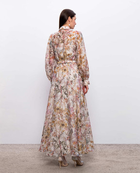 Nissa Бежевое платье из льна и шелка в цветочный принт RC16550