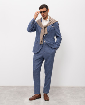 Brunello Cucinelli Синій костюм з вовни, шовку та льону MZ402LDFM5