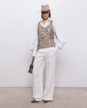 Brunello Cucinelli Бежевий топ із шовку з вишивкою та паєтками MF940HN602