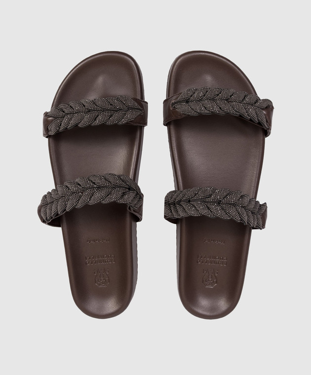 Brunello Cucinelli Коричневі шкіряні шльопанці з ланцюжком моніль MZGAG3159 зображення 4