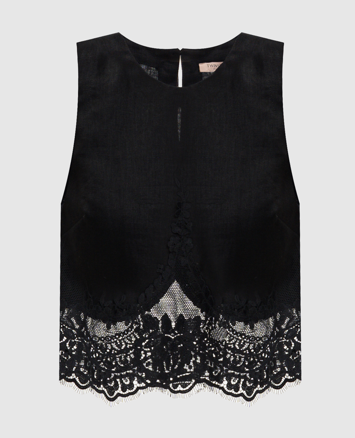 Черный топ из льна с кружевом