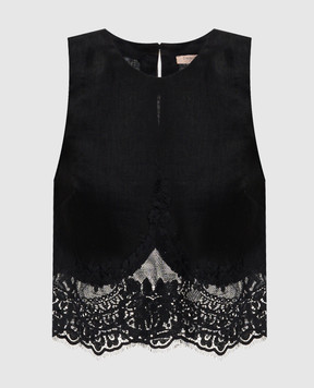 Twinset Чорний топ з льону з мереживом 261TT2182