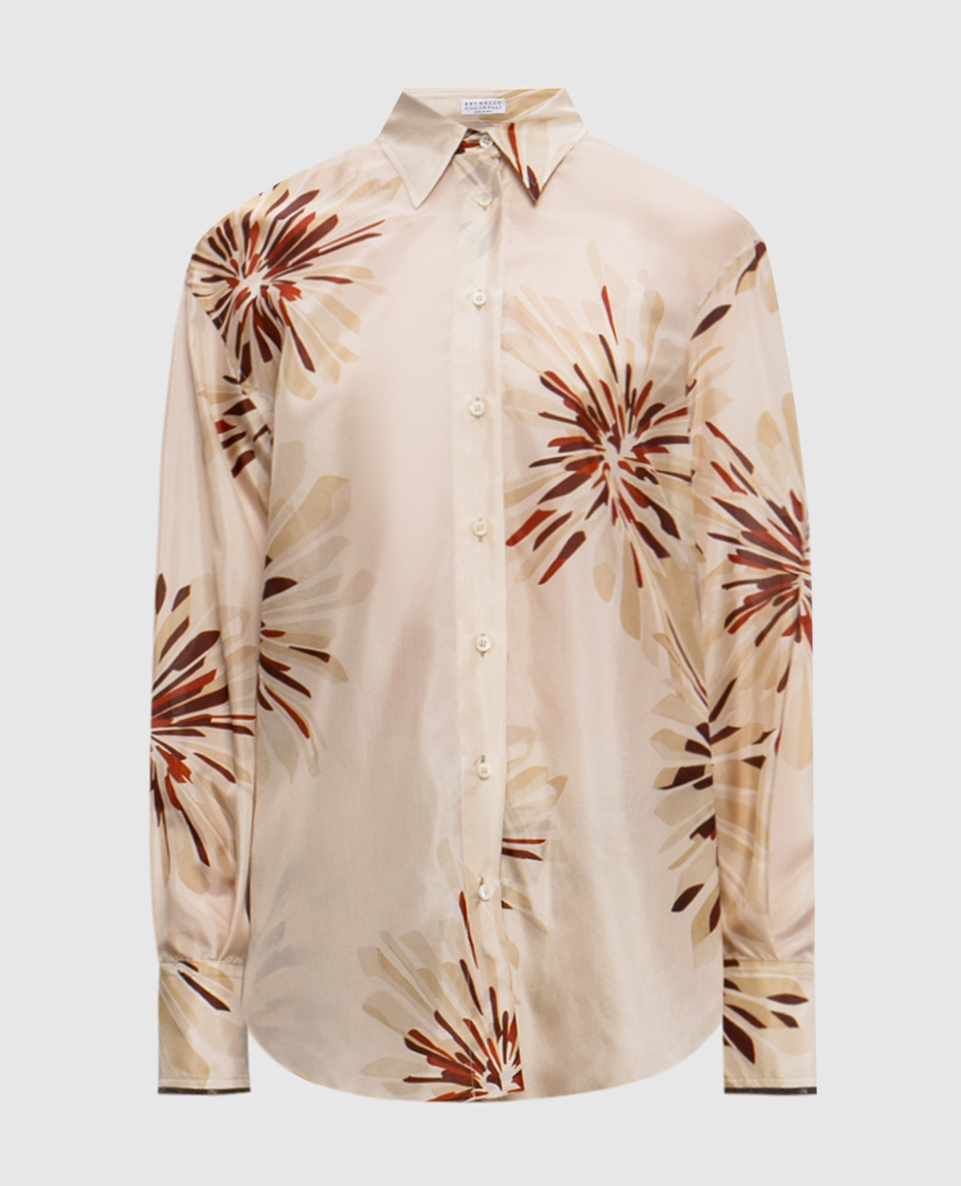 Бежевая блуза из шелка в брендовый принт