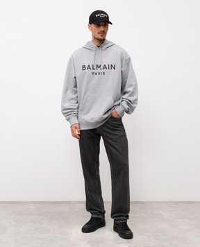 Balmain Серое меланжевое худи с принтом логотипа GH1JR007BD46