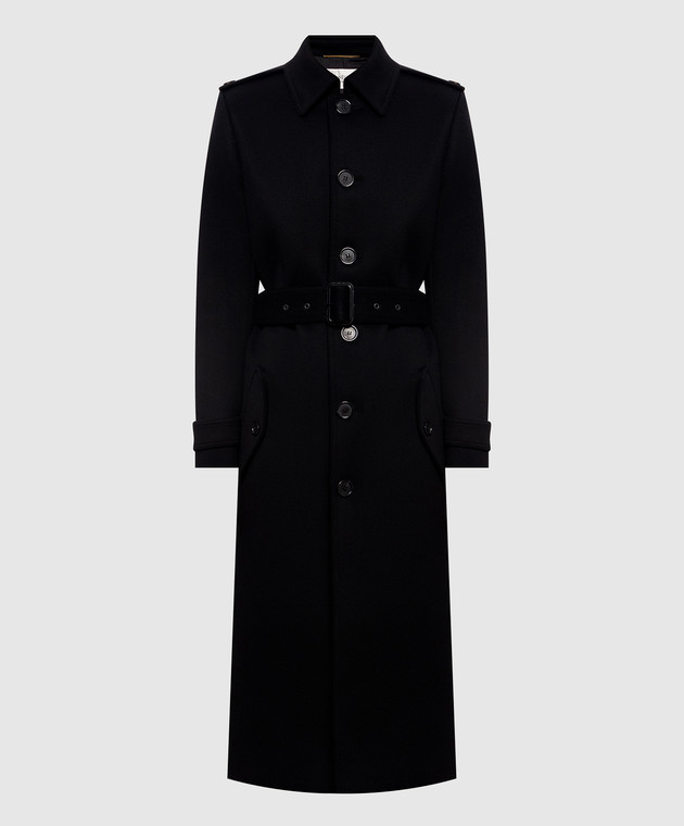 Saint Laurent Черное пальто из шерсти с поясом A001IQY060R